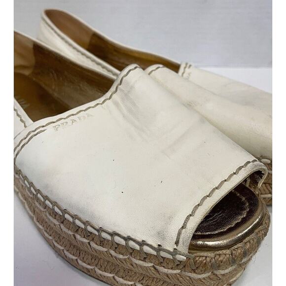 PRADA Cream Leather Platform Peep Toe Espadrilles Woven Flats Sz EU 40/US 9.5-10 - Picture 3 of 12